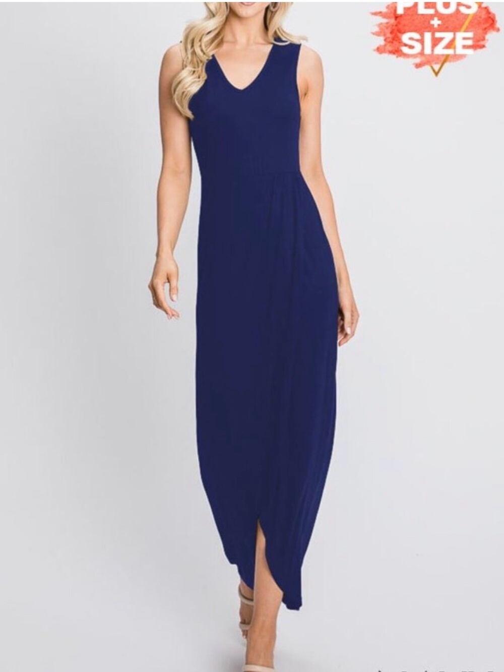 SLEEVELESS V NECK SOLID MAXI WRAP DRESS PLUS SIZE NAVY NEW